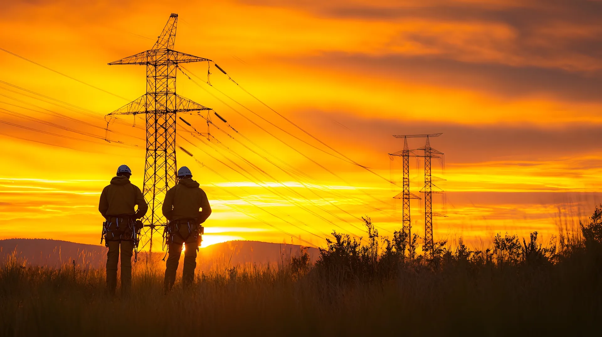 Utility lineman inspecting power pole equipment up close